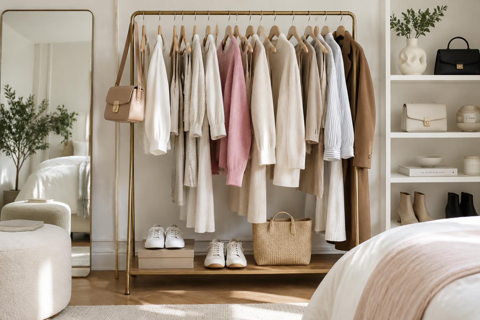 A closet rail of clothing, shoes and handbags